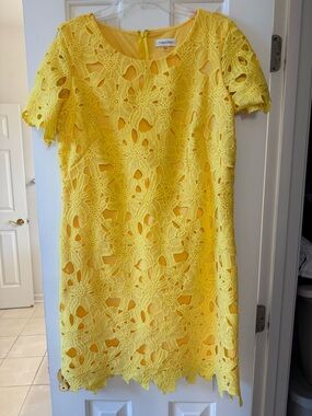 Calvin Klein Bright Yellow Floral Lace Mini Dress